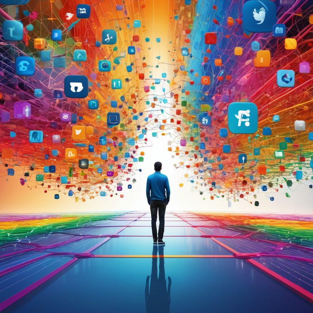 A dynamic digital landscape showcasing a multitude of interconnected blogs represented by colorful nodes and pathways, with a figure standing at the center exploring and navigating this vibrant environment. The background features abstract representations of social media icons, growth charts, and networking imagery, symbolizing the online presence building. The color palette should be bright and engaging, evoking a sense of innovation and connectivity. super-realistic. vibrant colors. 3D.