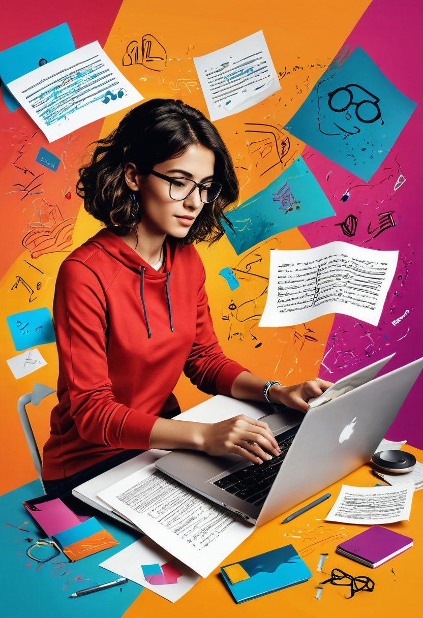 A vibrant, dynamic scene showing a person passionately typing on a laptop surrounded by colorful notes and creative sketches symbolizing ideas. The background features a blend of social media icons and blog templates floating around, representing the digital influence. Bright colors and energetic lines radiate from the person, encapsulating the concept of transforming a hobby into a powerful brand presence. super-realistic. vibrant colors. engaging background.
